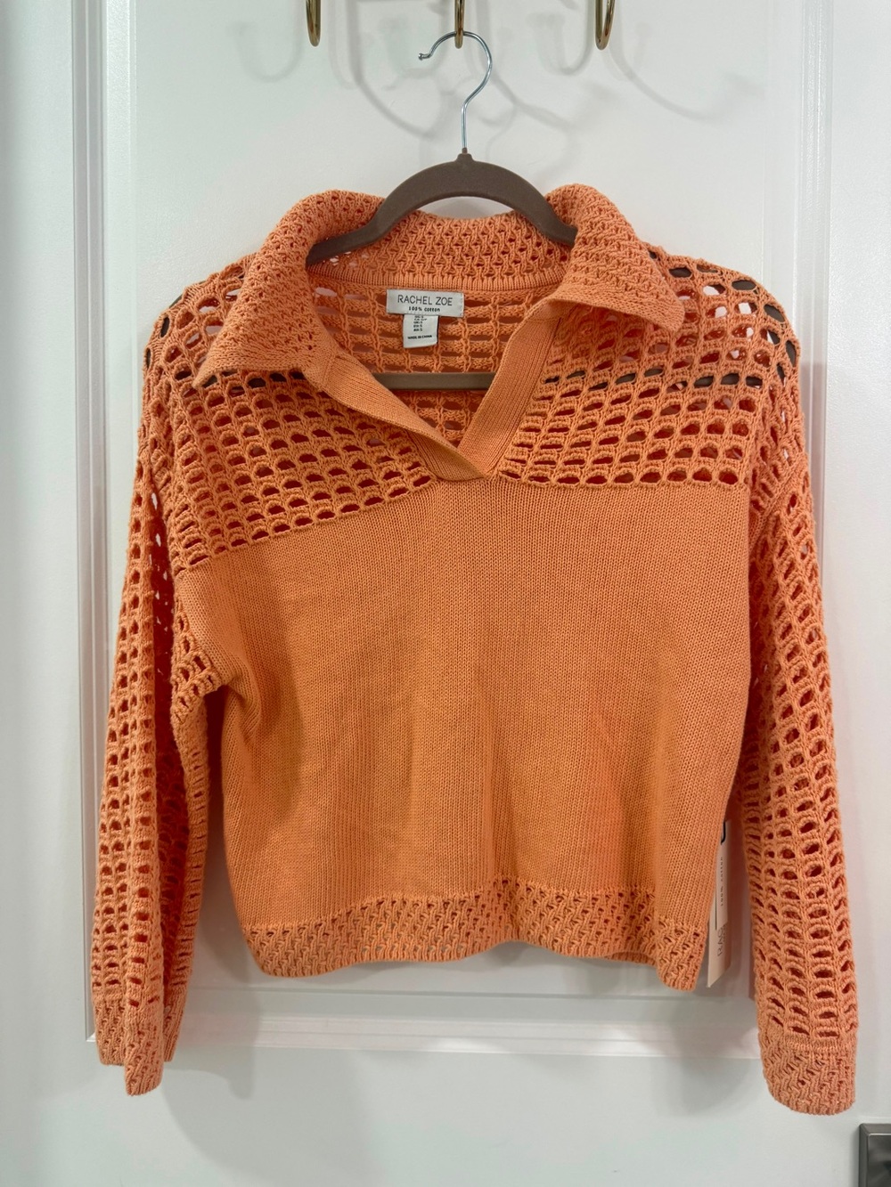 Rachel Zoe Open-Knit V‑Neck Collared Sweater in Orange